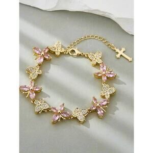 Pink Butterfly Crystal Bracelet 18k Gold Plated Floral Charm Bracelet